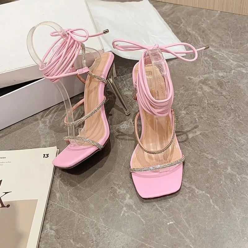 Lace up Ladies New Design Rhinestone Shoes for Women Heels Ladies 2023 Party Wedding Sandals