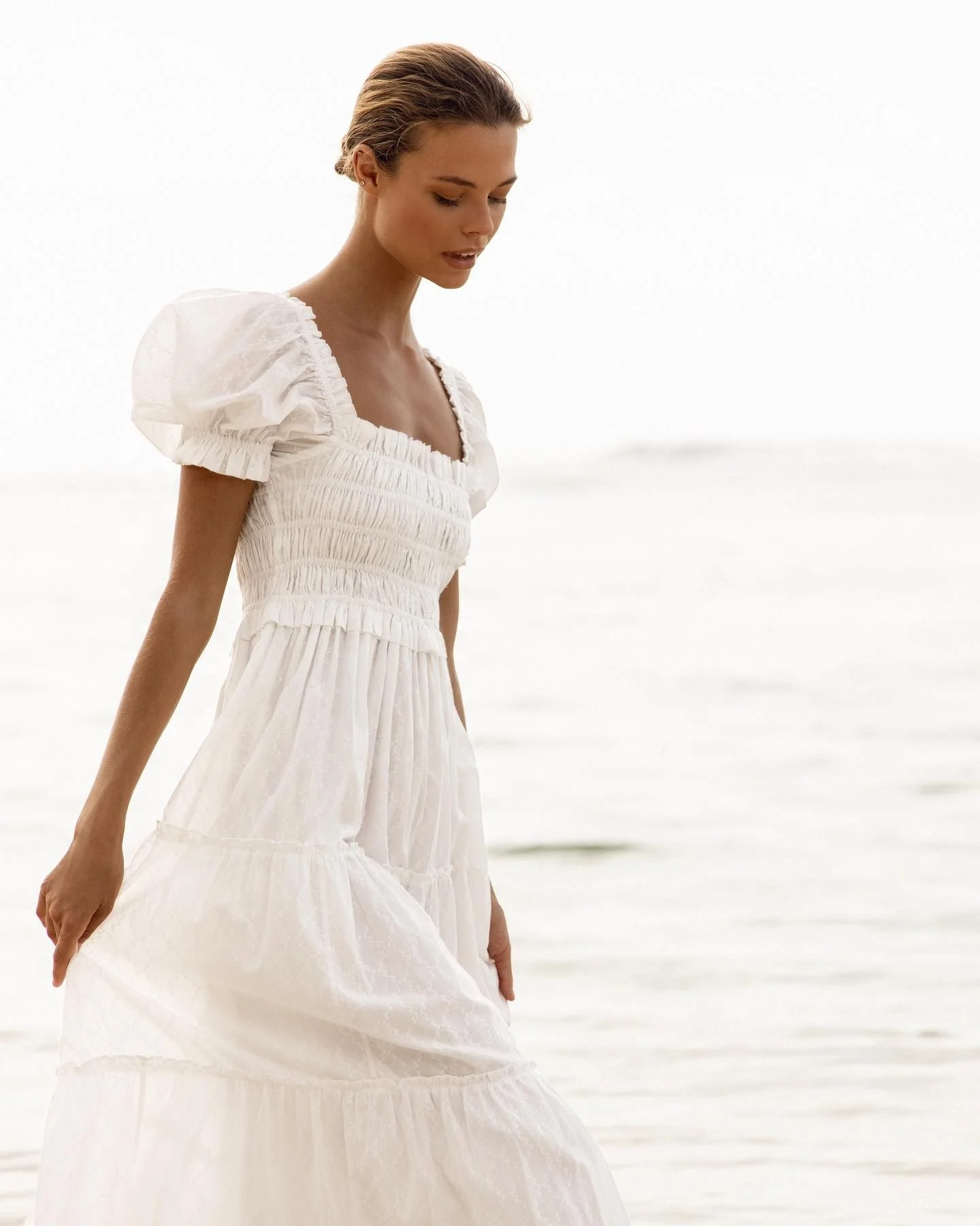 Women cotton long casual grace  dress puff sleeves for holiday