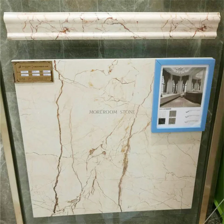interior living Room water jet flooring design glazed beige ceramic tile look like marble