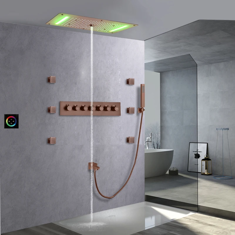 28*15 Inch LED Shower Head Waterfall Rain Fog Ceiling Recessed Bathroom Thermostatic Bath & shower Sets
