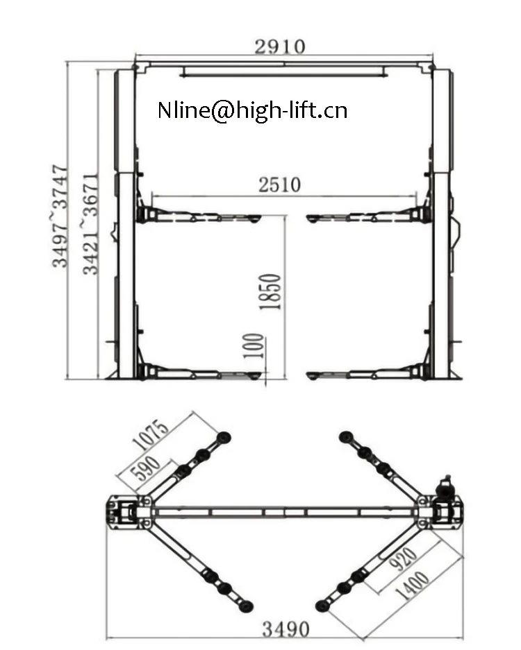 Direct drive push cylinder garage equipment 4T Mechanical single -point release two post lift/car lift platform