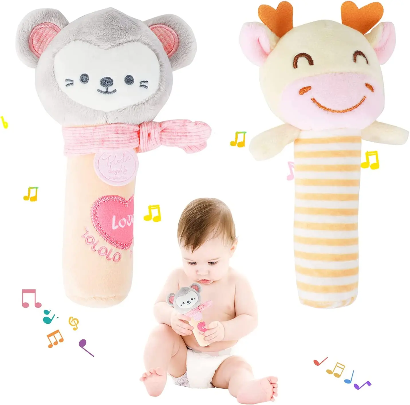 Custom educational plush hand rattles hand grip toys stuffed animal rattles shaker for 3 6 9 12 months infants newborn