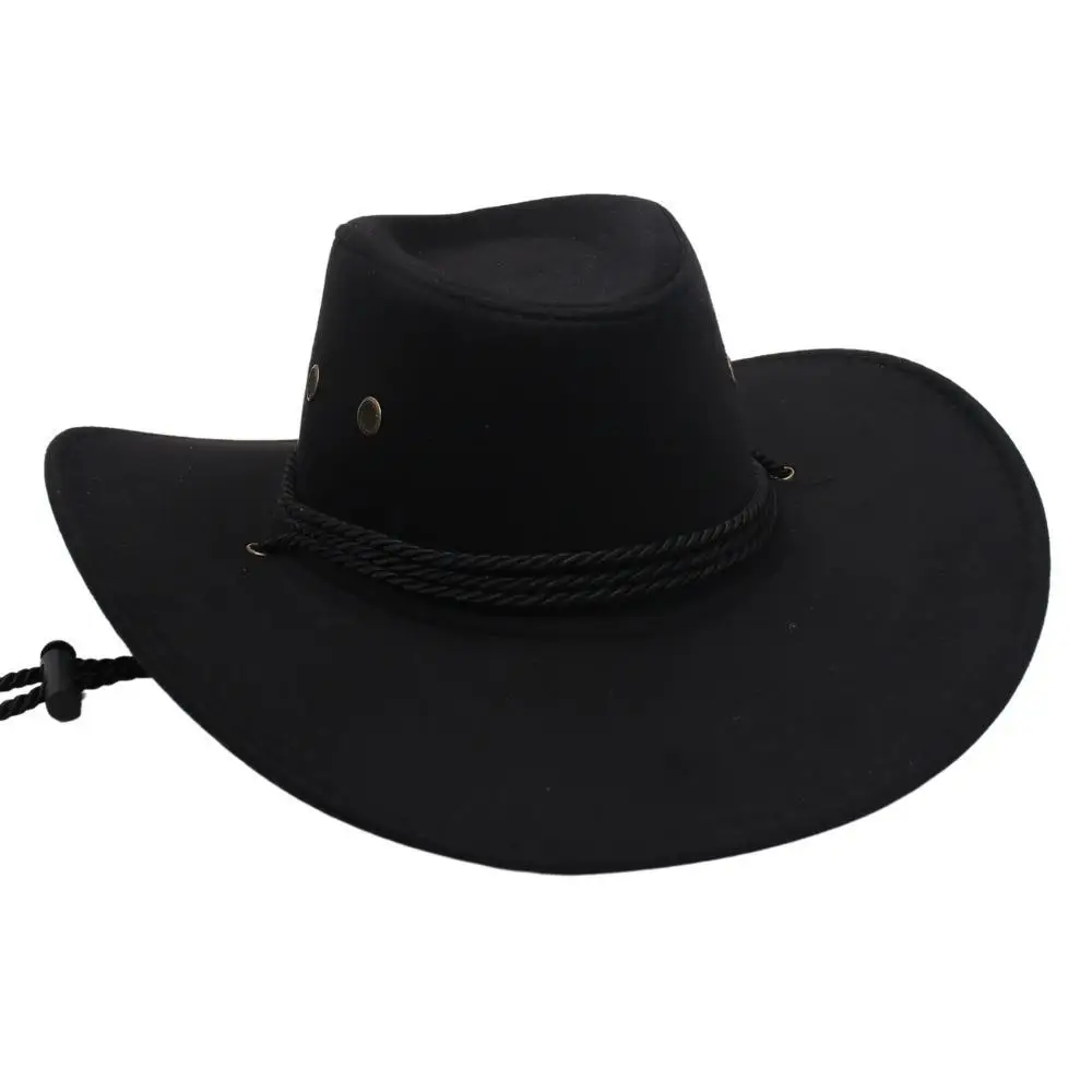 Hot Selling Vintage Unisex Windproof Rope Hat Women Men Beach Sunhat Western Cowboy Wide Brim Hats