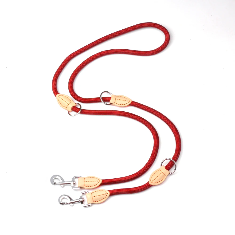 Customized Strong Heavy Duty Adjustable Leather Slip Lead  Dual Dog Training Leash Flexi Nylon Rope Pet Leashes