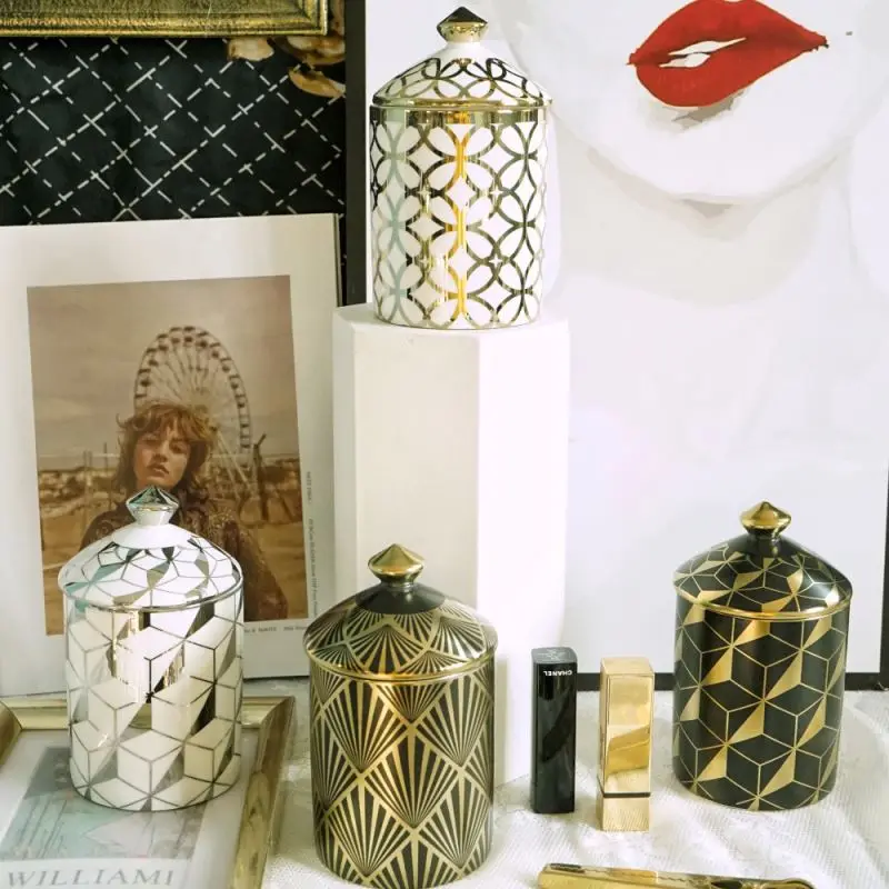 
12oz Luxury Unique Geometric New Gold And Silver Black Design Empty Ceramic Votive Candle Jars Holders Vessels 