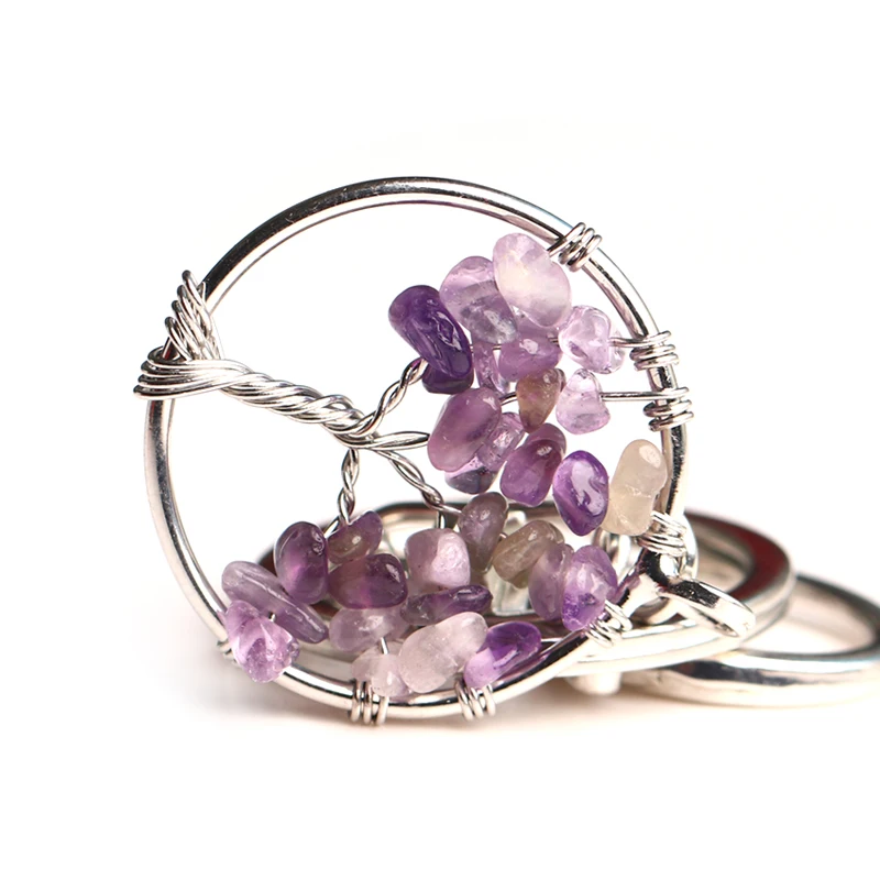 Оптовая продажа, высокое качество, брелок с натуральным кристаллом, аметистом, деревом жизни, подарок на день рождения, хрустальные поделки, украшения для мужчин и женщин