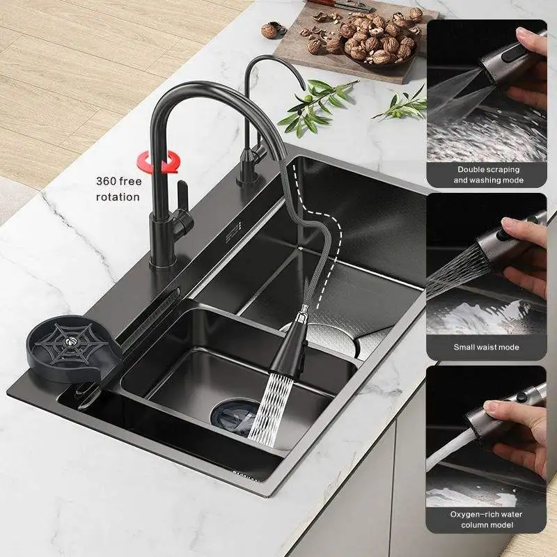 Luxury Modern Multifunctional Smart Waterfall Kitchen Sinks Set Draining Single Bowl 304 Stainless Steel Faucet Sink Kitchen