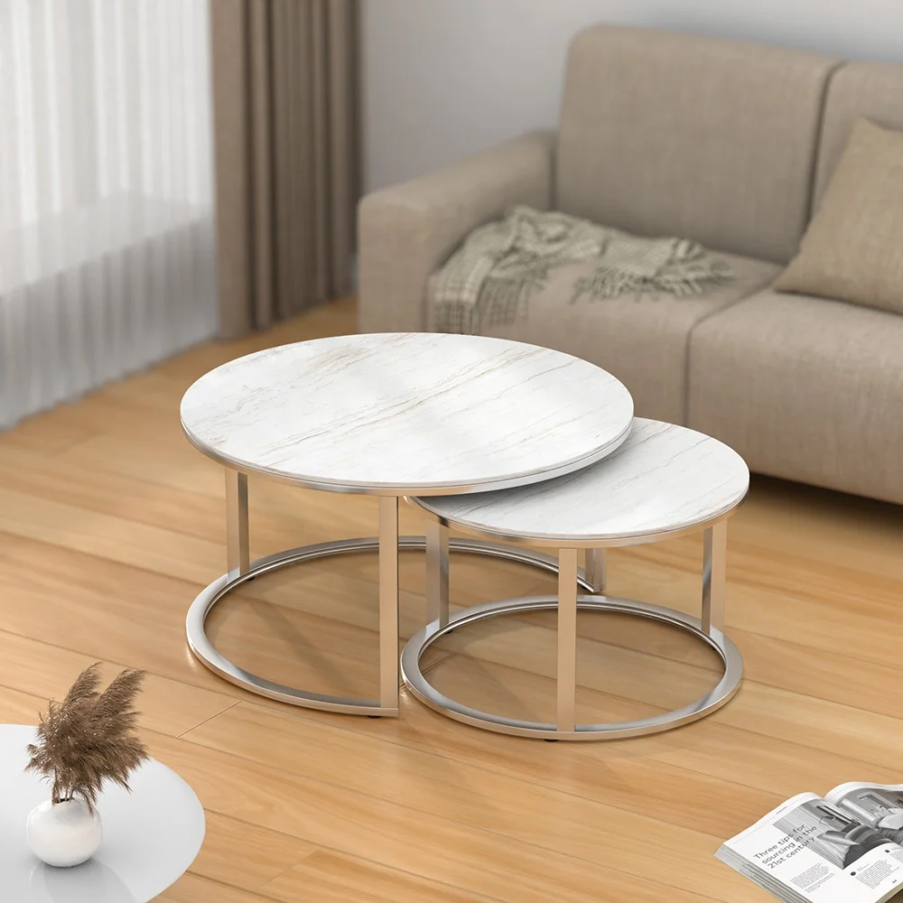 Hot Selling Luxury Modern Gold Steel Legs White Black Round Glass Top Coffee Table Set