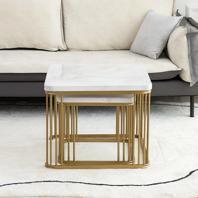 Most Popular Rose Gold Metal Square Nested Wooden Top Coffee Table 2 Set