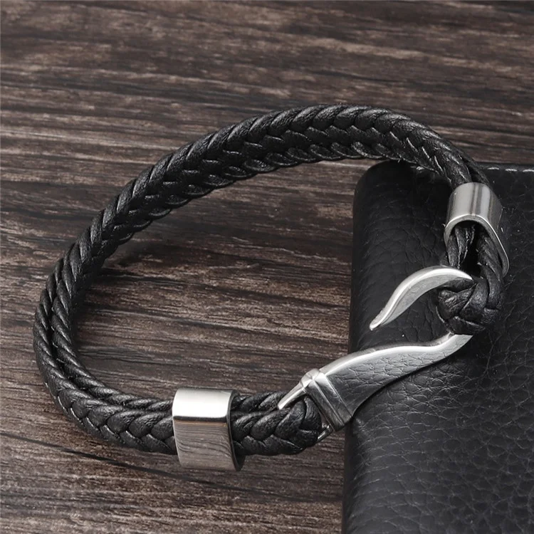 Innovative Products 2020 Stainless Steel Two Layers Genuine Leather Mens Fish Hook Bracelet