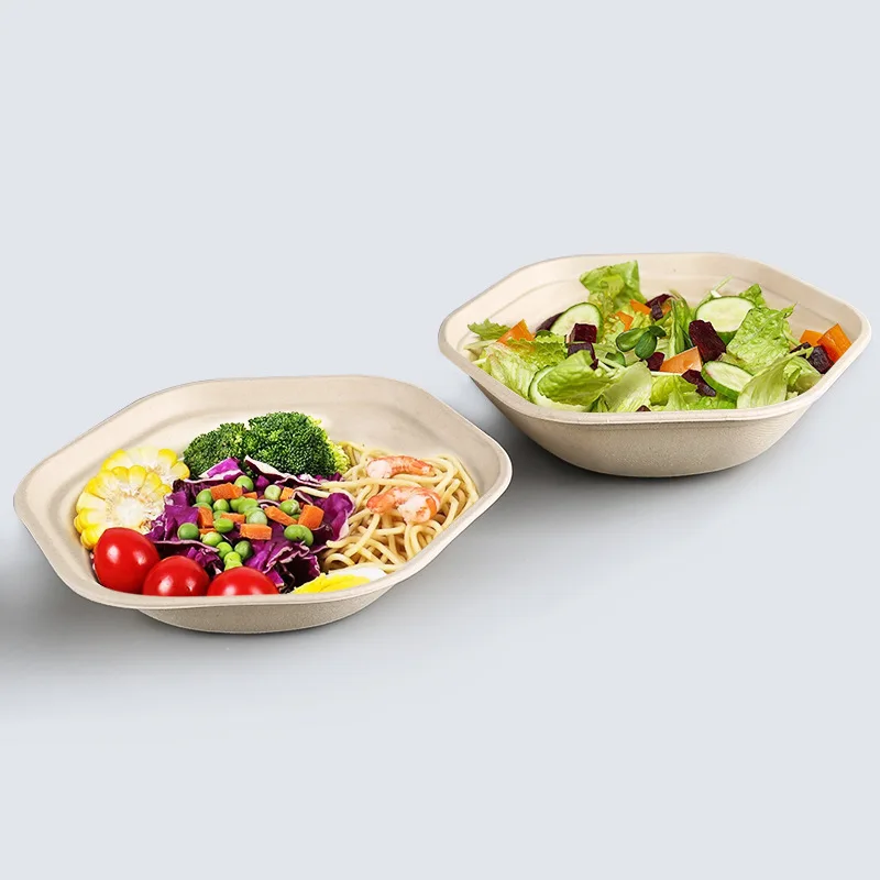 Eco Takeout Boxes Rice Bowl Hexagon Bagasse Bowl Take Out Food Containers with Logo Custom and Lid