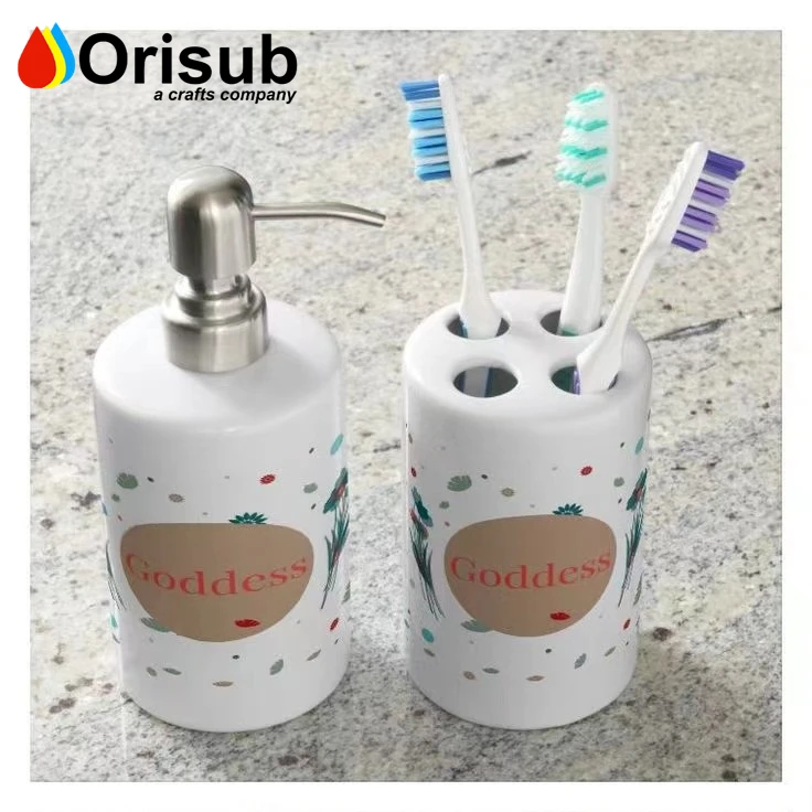 Custom printed white ceramic soap dispensers and toothbrush holder for sublimation