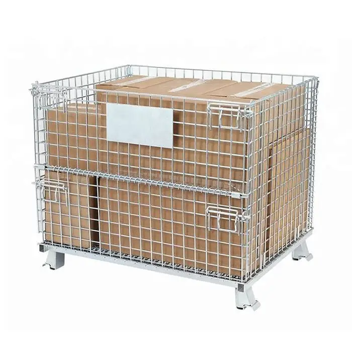 Material Handling Transport Portable Metal Preforms Galvanized Folding Pallet Basket Cage For Euro Pallet Metal Cage With Lid