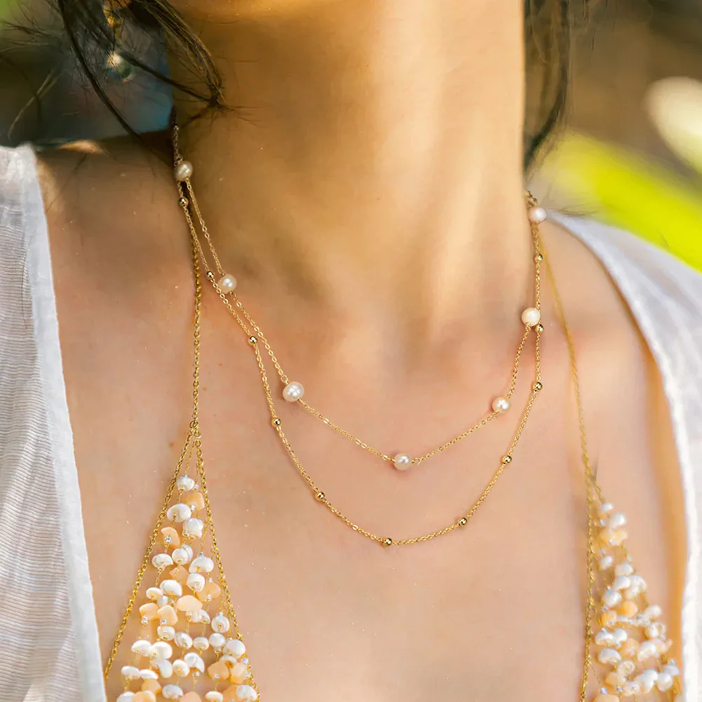 New Arrival 14K Gold Plated 925 Silver Freshwater Pearl Necklace Stacked Necklace for Women Girls