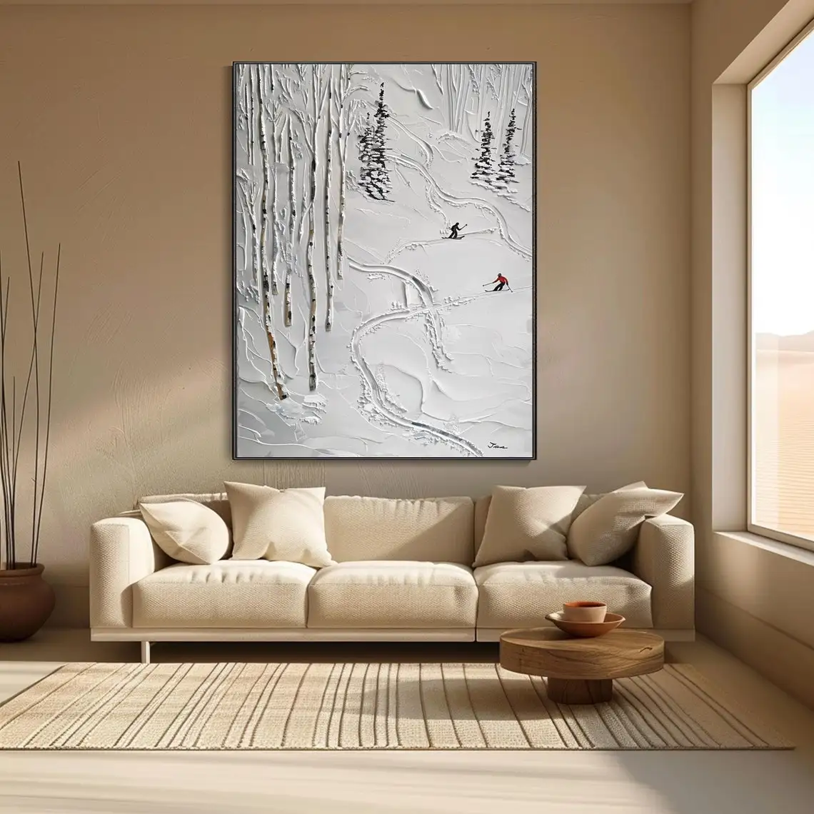 SQ 3D White Snow  Skiing Canvas Hand Painting Sport Skier Gift Personalized Winter Decor Texture Knife Painting Ski Art White