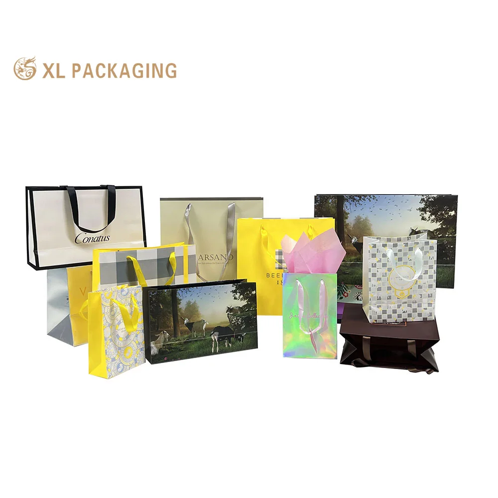 Free Sample Wholesale Custom Logo Kraft Gift Craft Shopping Paper Bag Luxury  Silver Cardboard Art Paper Gift Bag