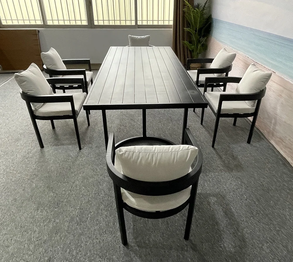 Luxury metal legs dining table chairs garden sets outdoor furniture patio 6 seats dining table