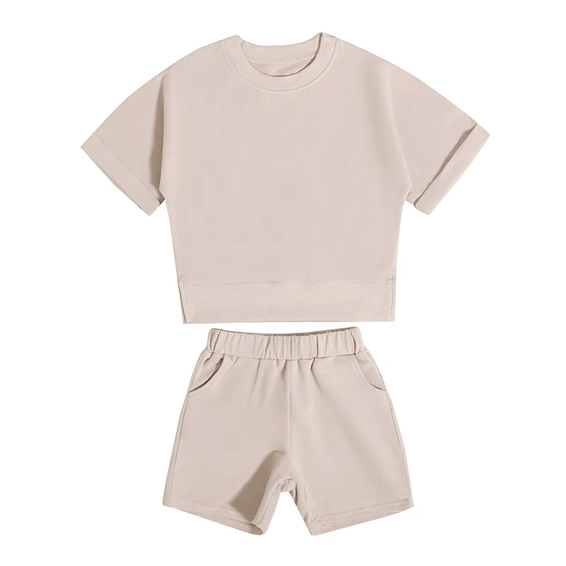 China Online Sale Summer Children Sport Outfits French Terry Kids Sets Cotton Pocket Short Elastic Waistband Pants Suits