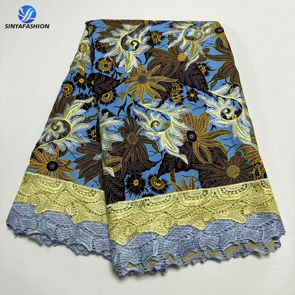 Sinya Real Dutch Holland Wax Prints Fabric African Ankara Loincloth Pagne With Embroidered African Guipure Cord Lace