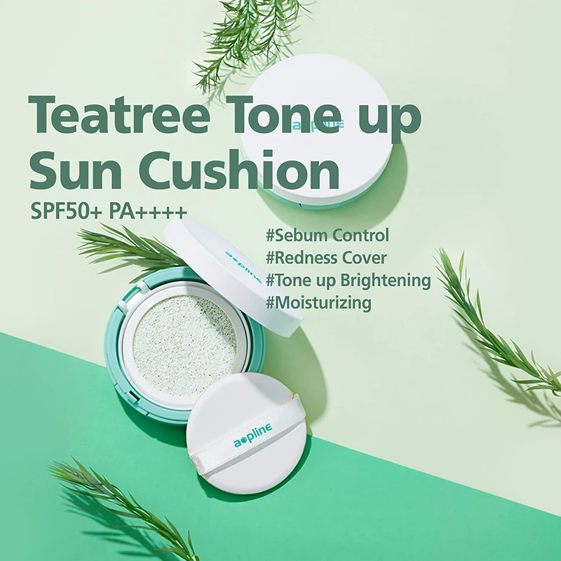 Private label no white cast sunscreen SPF 50 tea tree tone up sun cushion