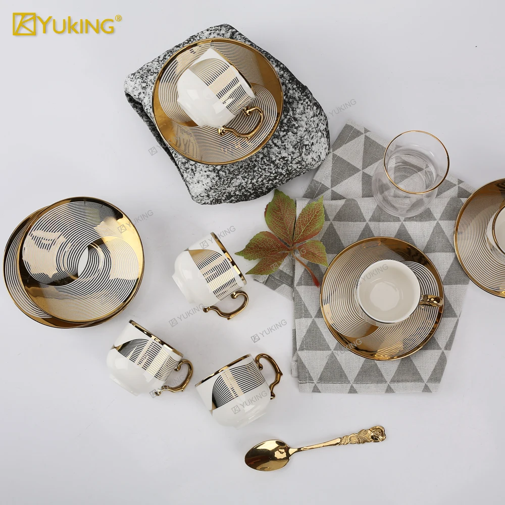 Modern Luxury 12pcs Turkish Coffee Cups Set golden porcelain cups Arabic Style Coffee Set with Gift Box