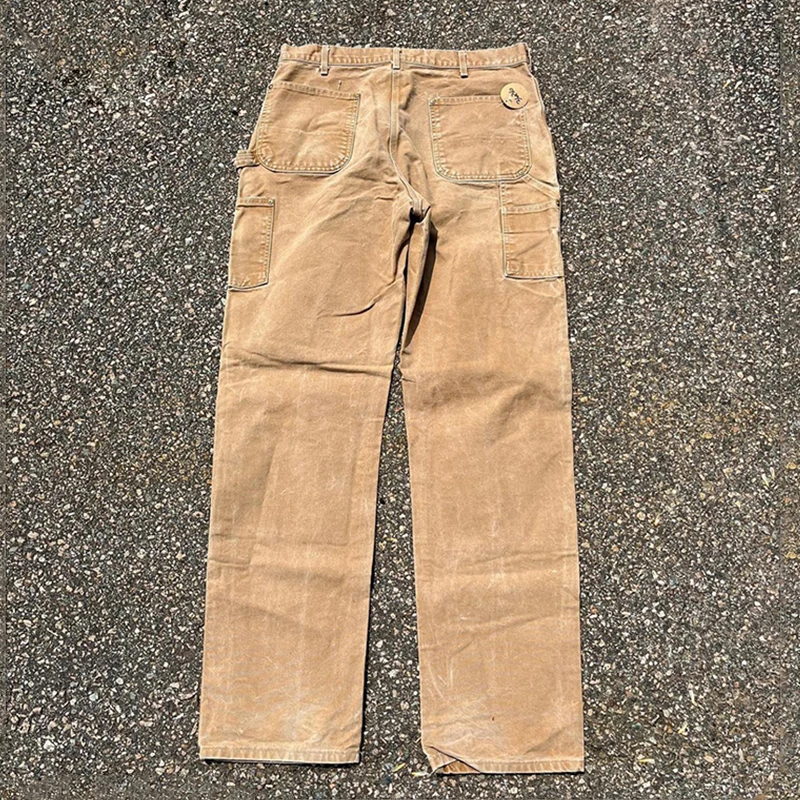 Custom Logo Heavy 14 Oz Distressed Duck Waxed Canvas Carpenter Work Pants Men Double Knee Worker Pants Canvas Workwear