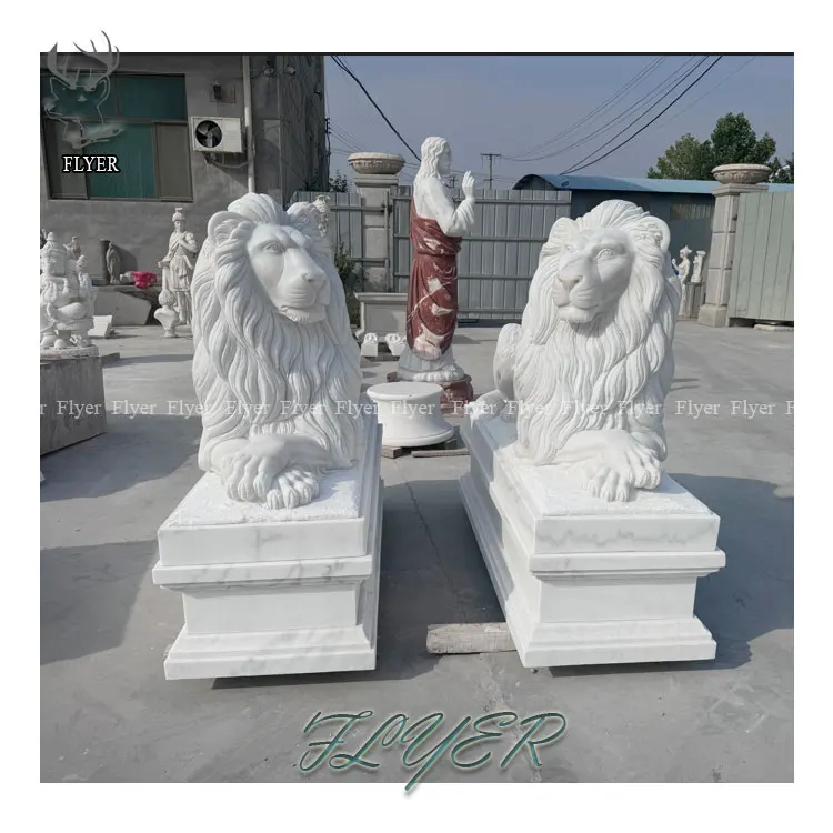 Outdoor Garden Decoration Hand Carved Chinese Lion Statues Natural Style Granite Marble Guardian Lions for Sale