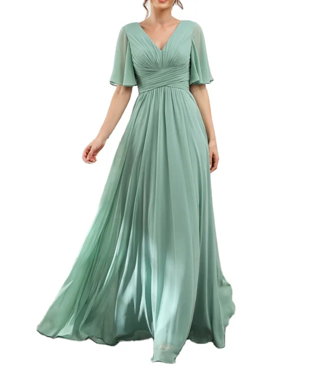 2024 Summer Elegant Ladies Short Sleeve Ruffle Chiffon Bridesmaid Maxi Dresses for Women