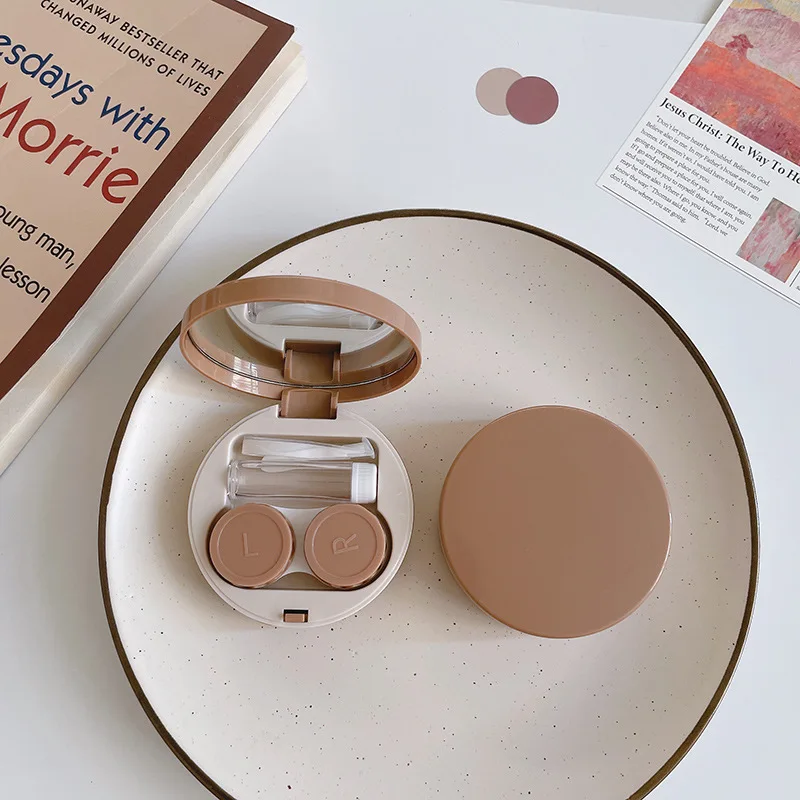 hot sale round shape high quality cream color contact lens case cute heart with mirror plastic case portable contact lens