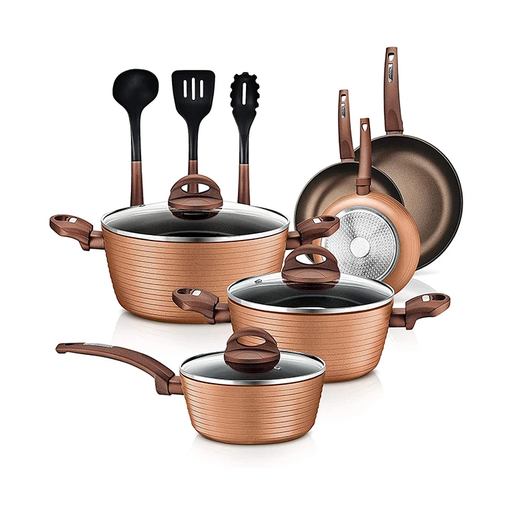 
12pcs Induction Pressed Aluminum Casserole Fry Pan Cooking Copper Pots Cookware Set 