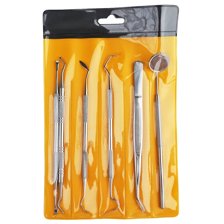 High Quality 6 pcs Set Stainless Steel Teeth Cleaning Kit with Tooth Scraper Mirror Tweezers