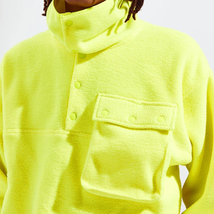 Decheng Oem Button Up Mock Neck Hoodies Oversize Trending Fluorescent Yellow Drop Shoulder Sherpa Fleece Heavyweight Hoodie