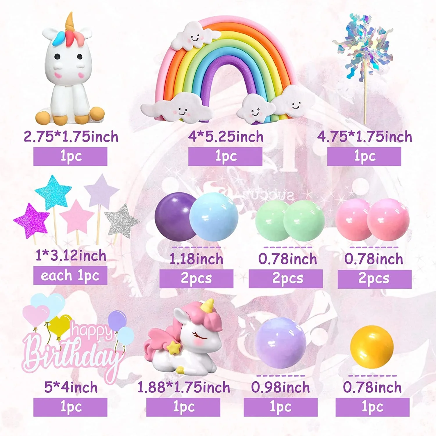 Kids Rainbow Cake Decorations with Rainbow Stars Unicorn Foil Firework Balls Happy Birthday Cake Decorations for Boys and Girls