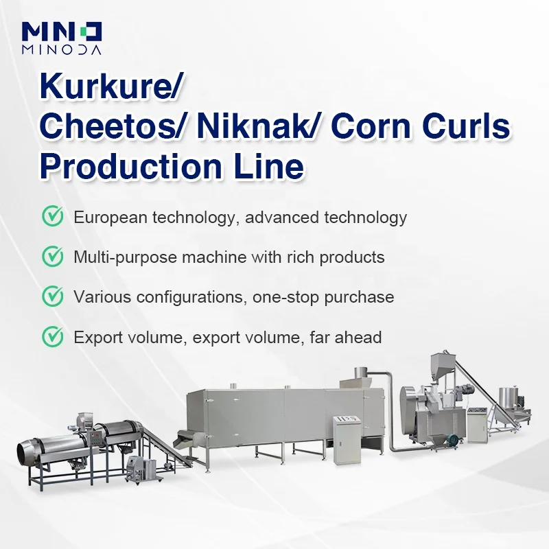 MINODA Customized Fried Crunchy Cheese Cheetos Corn Curls Kurkure Nik Nak Production Machine Corn Puff Snack Food Machine