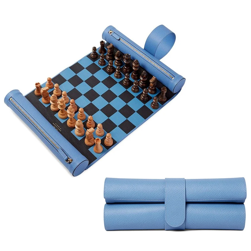 Portable Handmade Chess Board CustomTravel Roll up Leather Game Set Christmas Gift for Him