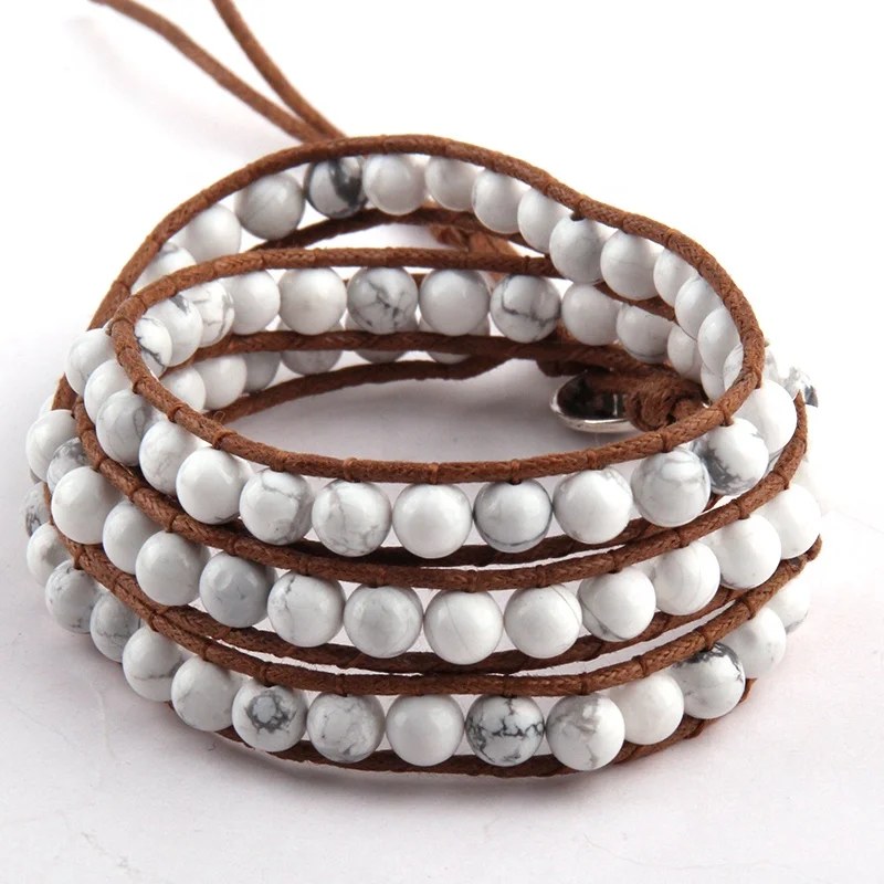 6mm Black Volcano Stone Beads Women Bracelet  3 Row Leather Bracelet White Howlite Stone Wrap Bracelet