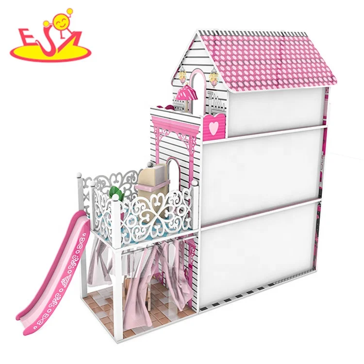 New hottest children pretend play wooden big doll house with slide W06A442