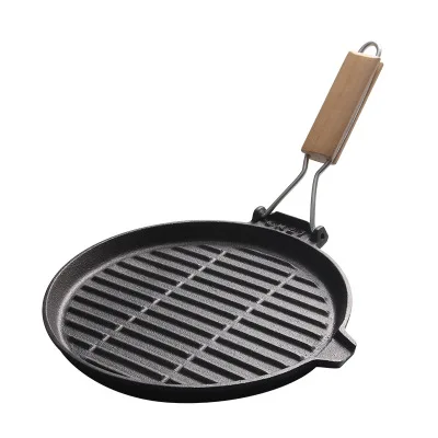 Frying Pan Non-stick Striped Grill Pan Factory Supply Round Cast Iron Metal Cast Iron Cookware Set Griddles & Grill Pans 1-2L