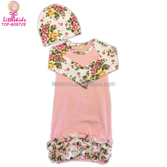 Soft Leopard Print Long Sleeve Newborn Sleep Gown Infant Baby Icing Ruffle Gowns And Hat Set