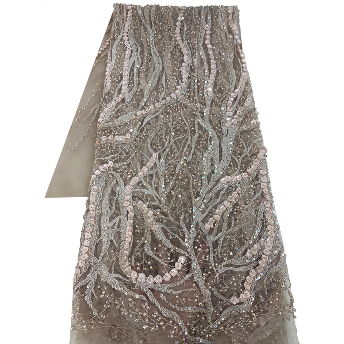 Оптовая продажа, элегантное французское телесное Сетчатое кружево ручной работы с бусинами, новый дизайн, свадебное платье, одежда с вышивкой на заказ, Тюлевая ткань с блестками