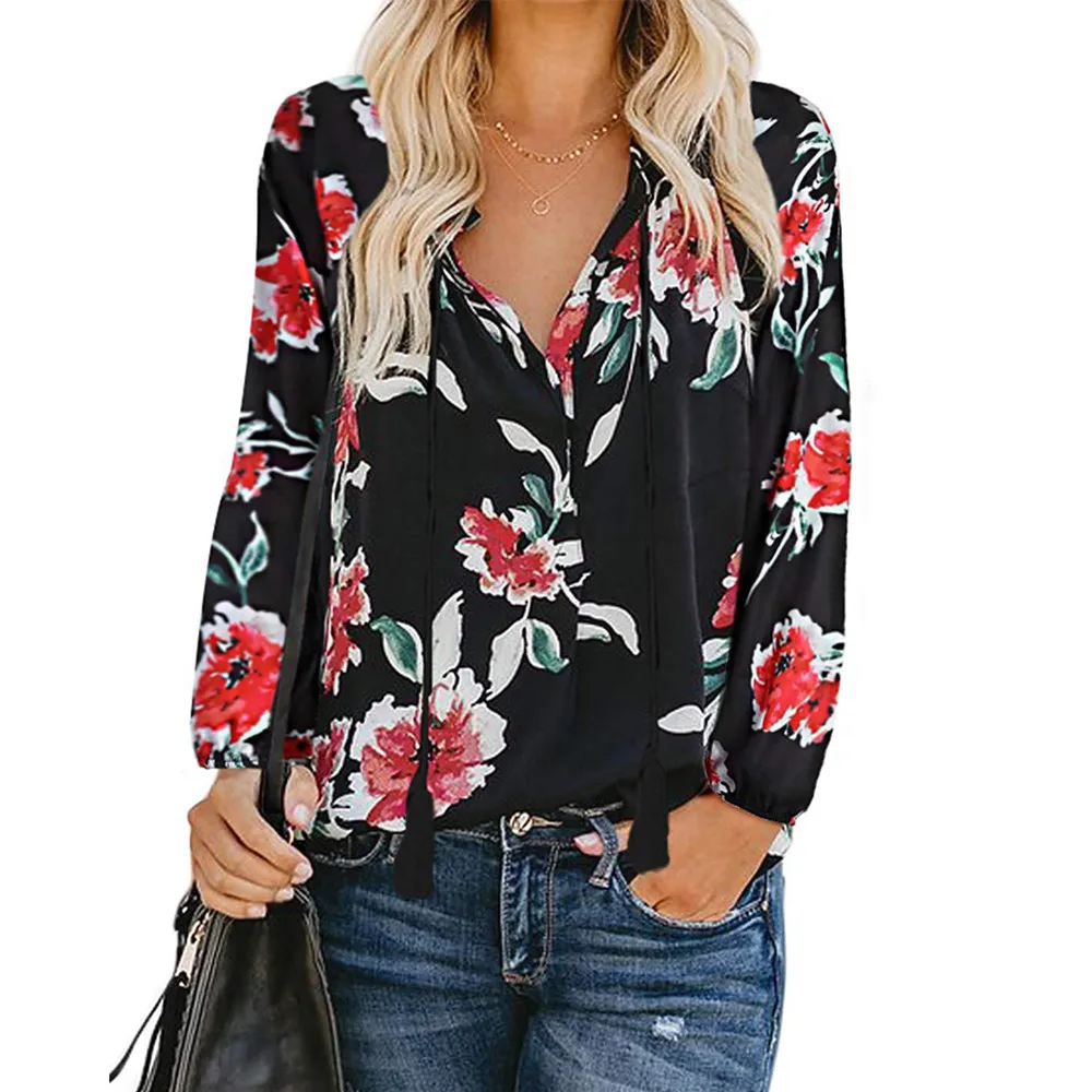 
Women Blouses Casual Loose Floral Print V Neck Long Sleeve Shirts Blouses Lady Tops 