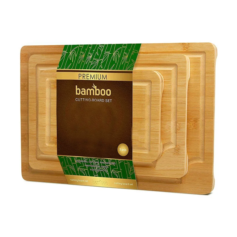 Kitchen Wood Chopping Blocks For Meat Butcher Block Cheese And Vegetables Bamboo Cutting Board Set With Juice Groove 3 Pieces