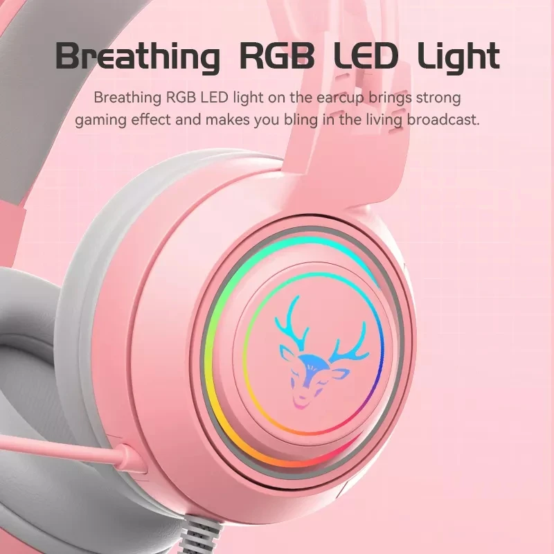 Deer Horn Antler Cat Ox Ear RGB Game Wired Headset Earphone Surround Sound Headphones