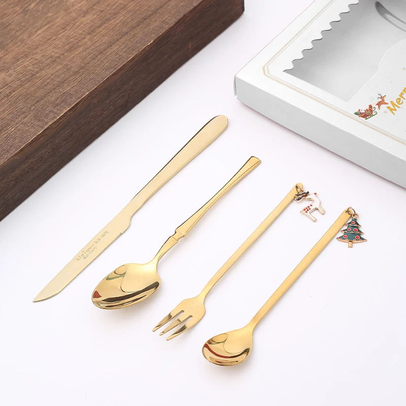 Christmas gift for children Golden stainless steel cut steak cooked meat knife and fork and spoon perfect tableware set