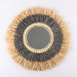 Best sale Bohemian hand Woven  Raffia mirror wall hanging for home Wall decoration