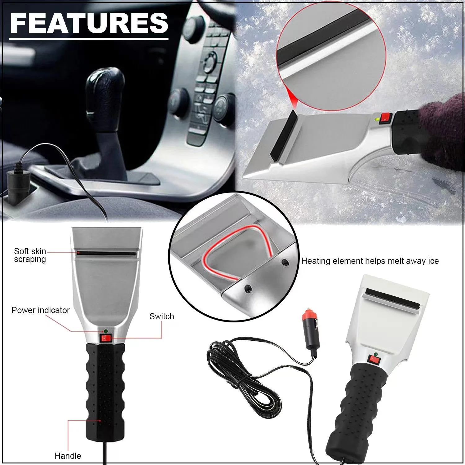 DC12V Car Heated electric ice scraper with led light for Removing Windshield Snow