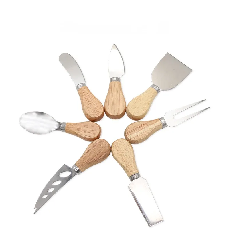 Premium 7-Piece Cheese Knife Set - Oak Wood Handle Stainless Steel Cheese Knives