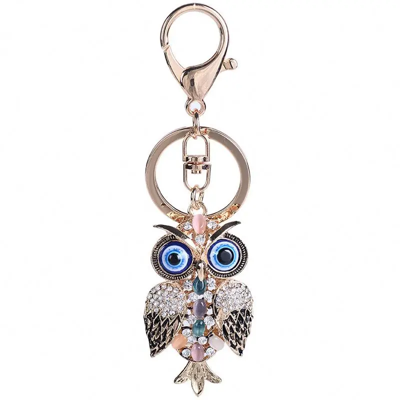 Crystal Rhinestone Vintage Evil Eye Owl Key Ring Blessing Protection Handbags Charm good luck Metal Owl bling bling Key chains