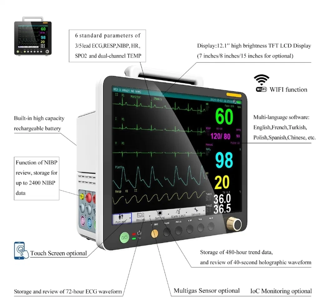 Veterinary Use Hospital Equipment Portable 12.1 inch Multi-Parameter Patient Monitor