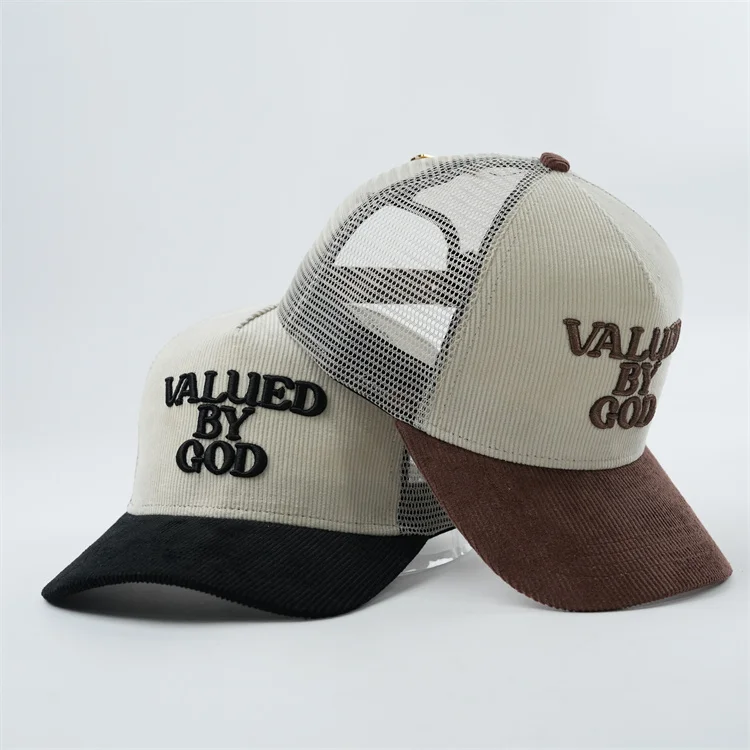 Corduroy 5 Panel Trucker Hats, Puff Embroidery Snap Back Trucker Cap,
